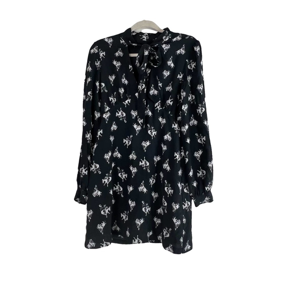 Re/Done 60'S Bow Silk Rodeo‎ Horse Print Mini Dress Black Size Small - Picture 4 of 7